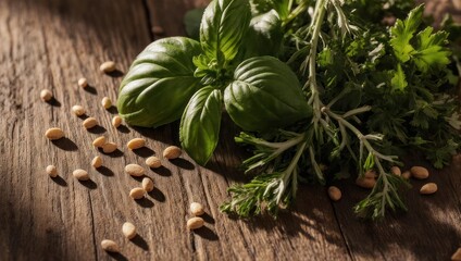 Close-up of fresh herbs and pine nuts scattered on a textured, sunlit wooden surface