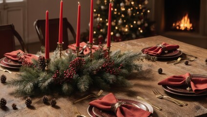 Cozy holiday scene featuring a decorated dining table, candles, fireplace, and festive ambiance