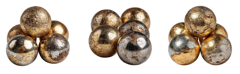 Fototapeta premium Three clusters of festive gold and silver glitter and shiny decorative balls, perfect for holiday decor, isolated on transparent background