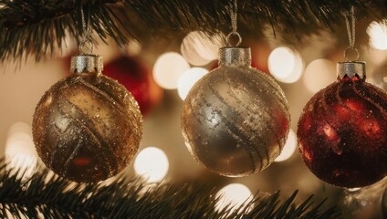 Close-up of three festive ornaments, gold, silver, and red, hanging on a fir tree