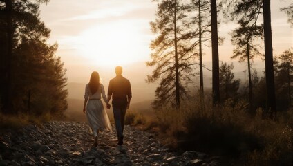 Couple Walking Hand-in-Hand Through Forest at Sunset.