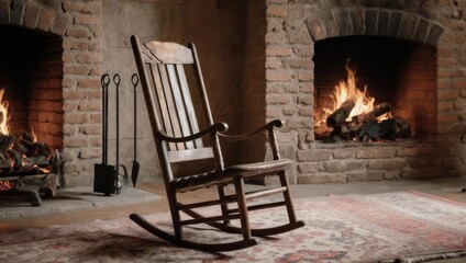 Cozy scene featuring a wooden rocking chair before two lit brick fireplaces