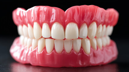 Fototapeta premium A red full-denture dental model with upper and lower artificial teeth, closed bite position. Symmetrical alignment, white acrylic teeth, glossy red gum base. Studio close-up shot,