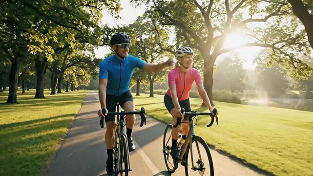 Athletic couple cycling on a path through a park with trees and sunlight