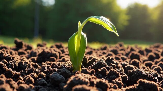 Young green plant sprout emerging and sprouting from rich soil morning sunlight, symbolizing new growth, hope, and natural beginnings outdoors nature