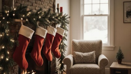 Cozy fireplace scene with stockings, garland, armchair, & snowy view