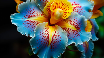 Fototapeta premium Colorful Orchid Bloom Displaying Vibrant Blue, Yellow, and Red Patterns in a Lush Garden Setting During Daytime