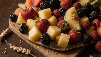 Close-up of a wooden platter overflowing with a colorful assortment of fresh, cut fruits