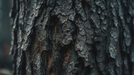 Close-up of rugged tree bark with deep textures, shades of brown and gray. Focus on rough surface