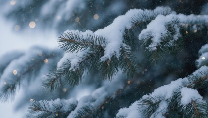 Close-up of snow-covered evergreen branches with soft bokeh lights in the background