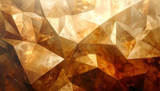 Abstract geometric pattern with polygonal shapes and warm, golden color palette with varying light intensity