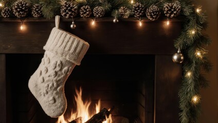 Cozy fireplace with a white knit stocking, adorned with festive greenery and lights