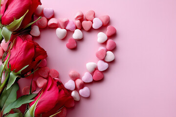 Bird's-eye view, with red roses in bloom and rose-pink heart-shaped candies scattered around the edges of the frame, set against a berry-pink background.valentine's day concept