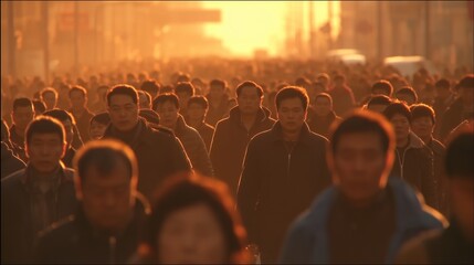 A massive crowd of men and women moves steadily down the sunlit street, creating a striking silhouette against the golden evening light. This deep crowd captures the essence of urb