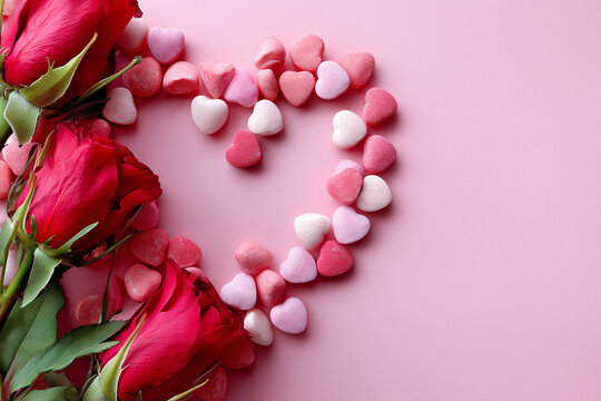 Bird's-eye view, with red roses in bloom and rose-pink heart-shaped candies scattered around the edges of the frame, set against a berry-pink background.valentine's day concept