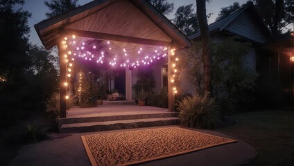Cozy evening scene porch with string lights, mat, and plants. Twilight ambiance