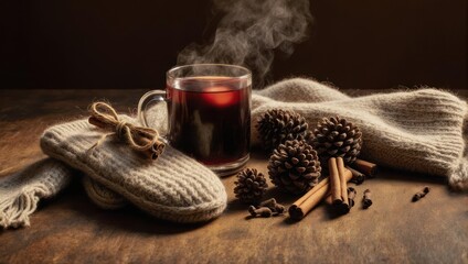 Cozy setup featuring a warm drink, a cozy slipper, and pine cones on a wooden surface
