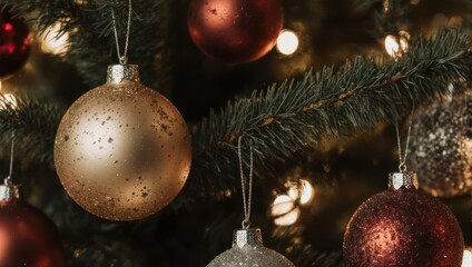 Close-up shot of a decorated evergreen, featuring hanging ornaments and twinkling lights