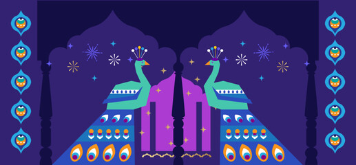 Traditional Indian festival Diwali. Happy Festival of lights Deepavali, peacock, rangoli Template  banner  Festive Burning diya background Vector  icon  illustration