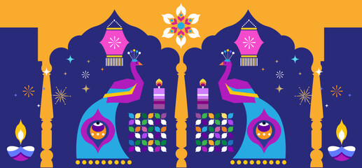 Traditional Indian festival Diwali. Happy Festival of lights Deepavali, peacock, rangoli Template  banner  Festive Burning diya background Vector  icon  illustration