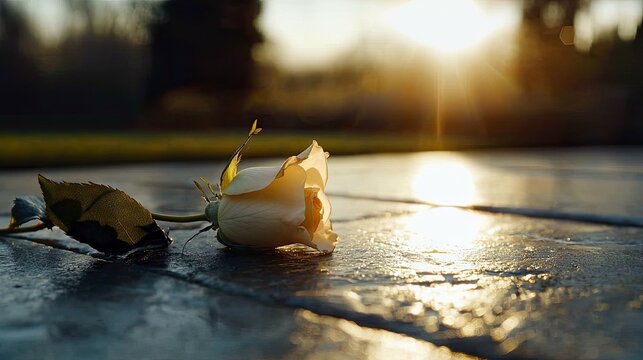A single, delicate white rose lies on a wet, stone surface. The warm, golden light of the setting sun creates a soft glow and lens flare, illuminating the petal - Powered by Adobe