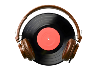 Vintage headphones resting on a vinyl record isolated on transparent background