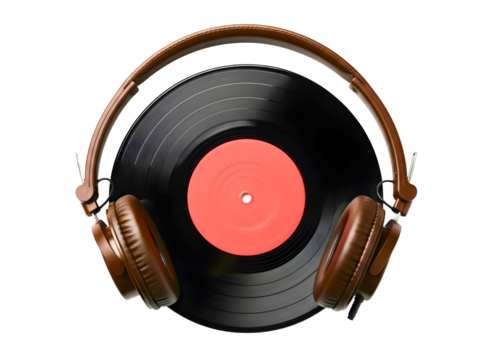 Vintage headphones resting on a vinyl record isolated on transparent background - Powered by Adobe