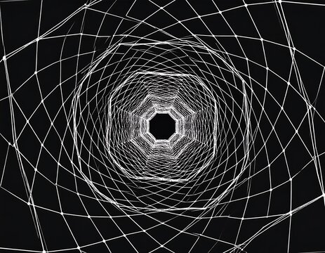 Abstract geometric tunnel formed by repeating octagons connected by a grid against a black background