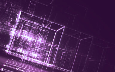 futuristisches Arrangement von violetten transparenten leuchtenden dreidimensionalen Würfeln und Quadern in dunklem virtuellen Raum, Atmosphäre, Technologie, Innovation, Lichtreflexionen, Geometrie
