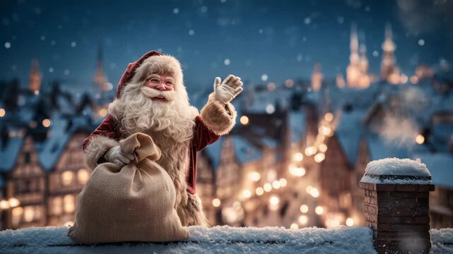 Festive Santa figure waves cheerfully from snowy rooftop with city lights in background