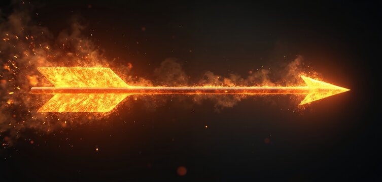 Burning arrow moves fast through dark space leaving trails of fire and sparks. Fiery projectile represents power speed and intense energy. Conceptual image for competition success or danger.