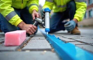 Workers wear safety vests, gloves, using sealant guns, tools. Apply blue material to fill gaps between paving stones, join construction components. Work ensures durability, waterproofing, neat finish