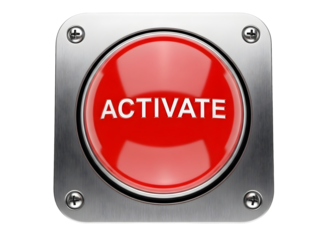 Red activate button with brushed metal frame isolated on transparent background