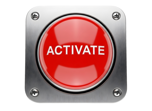 Red activate button with brushed metal frame isolated on transparent background