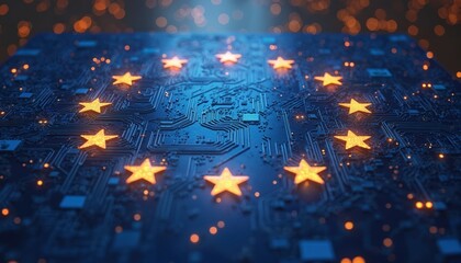 European Union flag stars on circuit board. Digital tech regulation, AI ethics, and innovation. Future of artificial intelligence governance and compliance in Europe.