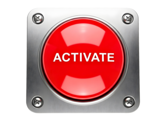 Red activate button with metal frame isolated on transparent background