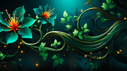 Beautiful Turquoise Flowers and Vines Glowing in a Dark Mystical Setting at Night