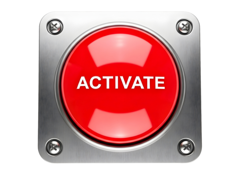 Red activate button with metal frame isolated on transparent background