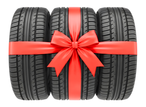 Three car tires wrapped as a gift with red ribbon isolated on transparent background