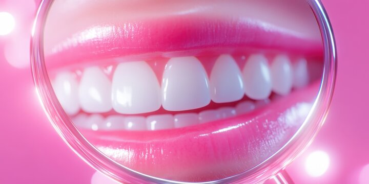 Bright smile and healthy teeth close-up with magnifying glass