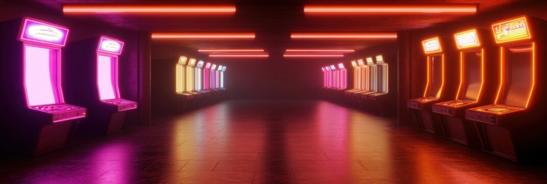 Retro arcade with neon lights in a nostalgic gaming hall - Powered by Adobe