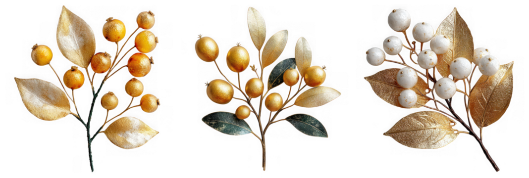 Three decorative branches with golden and white berries, and glittery gold and green leaves, isolated on transparent background