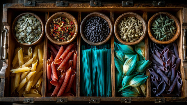 Different Color of Pasta in an old letter-box