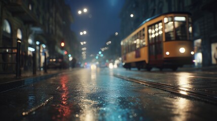 Fototapeta premium A vintage tram travels along a wet street in Milan during the night, reflecting colorful lights on the pavement. A woman and a man walk past the tram, adding to the urban atmospher