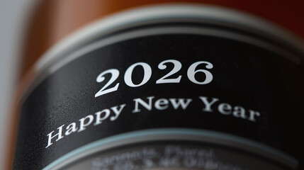 close-up view of Elegant white wine bottle labeled Happy New Year 2026 – perfect for upscale restaurant menus and holiday promotions (8/50) 