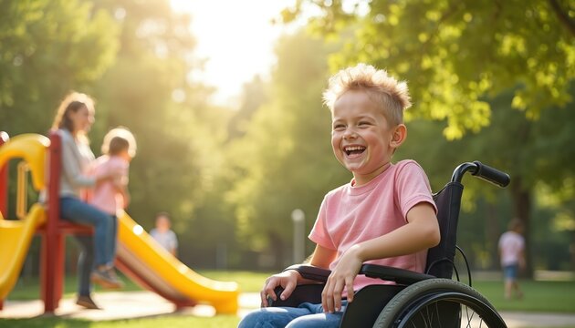 Joyful boy in wheelchair laughs at inclusive playground. Family enjoys sunny day, celebrating childhood diversity and accessibility. Fun park setting.