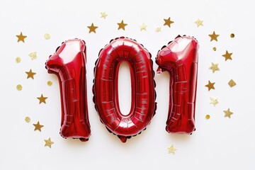 Festive red 101 balloon celebration with gold star confetti decor