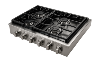 A stainless steel gas cooktop with four burners and durable cast iron grates for home use.