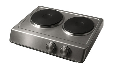 Obraz premium Compact two-burner electric cooktop with knob controls and a sturdy metal finish.