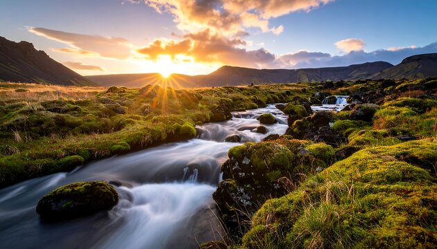 A stream flows through a grassy field toward mountains at sunset, with sun rays bursting through clouds - Powered by Adobe
